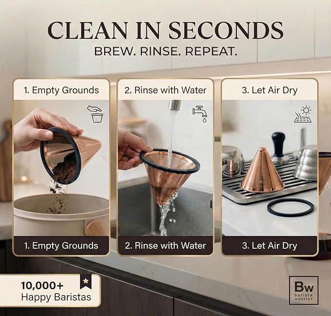 Barista Warrior Reusable Coffee Filter - Stainless Steel Pour Over Dripper, Compatible for Chemex, Hario V60 & Drippers, Easy to Clean Flavorful Brew Fine Mesh Coffee Filter - Copper