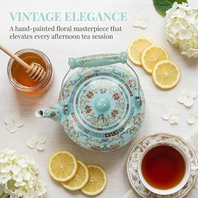 2.6 Quart Floral Enamel Tea Kettle, Vintage Enameled Teapot Stovetop, Enamel on Steel Water Coffee Tea Pot with Ceramic Handle, Colorful Hot Water Kettle for Home Kitchen Decor, No Whistling