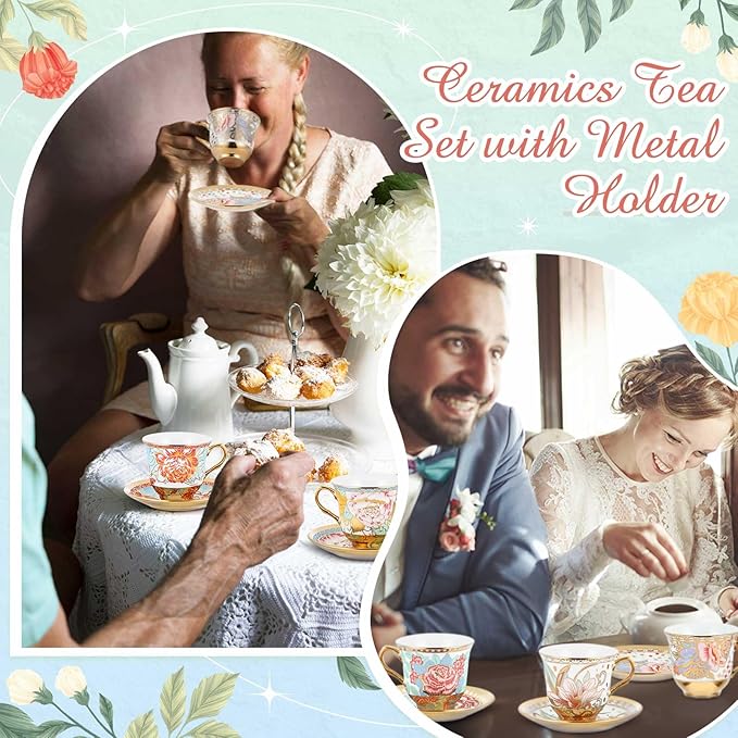 Set of 18 Tea Cups and Saucers Tea Party Decorations Floral Porcelain 5.4 oz British Gift for Women Birthday Party, Church, and Mother's Day (Vibrant Style)