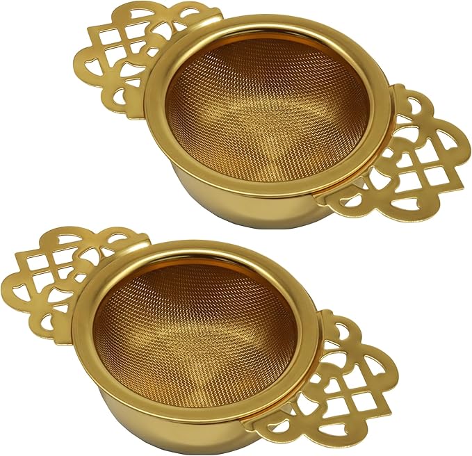 2 Pcs Tea Strainer Bowl, Stainless Steel Loose Leaf Tea Filter for Easy Brewing and Cleaning, Design Fits Most Standard Cups (Gold)