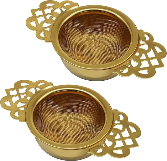 2 Pcs Tea Strainer Bowl, Stainless Steel Loose Leaf Tea Filter for Easy Brewing and Cleaning, Design Fits Most Standard Cups (Gold)