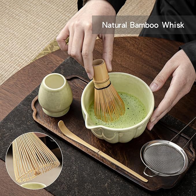 Matcha Whisk Set, Matcha Set Includes Ceramic Matcha Bowl, Bamboo Whisk, Scoop, Chasen Holder, Sifter, 5 Pcs Perfect Matcha Kit for Matcha Lover (Mottled Green)