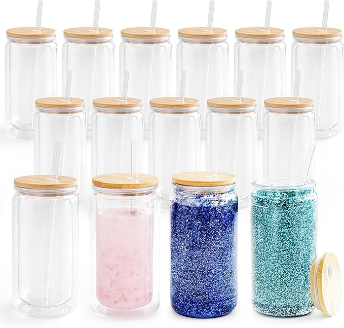 15 Pack Acrylic Snow Globe Tumbler with Bamboo Lids and Straws 16 oz Plastic Snowglobe Tumbler with Pre Drilled Hole Clear Double Wall Snowglobe Cups for Snow Globe Glitter DIY