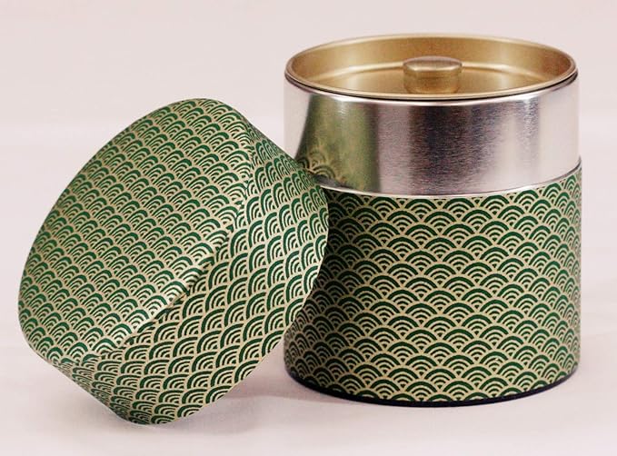 Washi Paper Tea Tin Canister: Wide 5.3oz (150g) Jade Waves with Gold Outlines (#92), Japan
