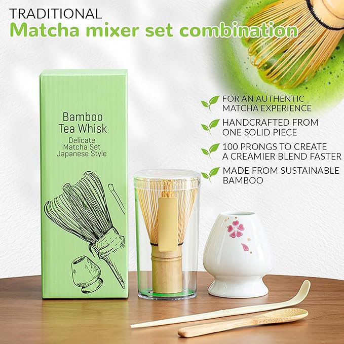 Traditional Japanese Matcha Tea Whisk Set, 4 Piece Bamboo Ceremonial Kit with Ceramic Holder (Four-leaf clover red)