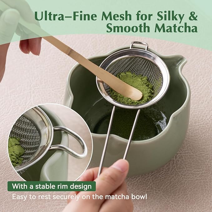 Matcha Set, 8Pcs Floral Ceramic Matcha Kit with Matcha Whisk, Holder, Scoop, Scoop Rest, Sifter, Spoon and Tea Towel - Thoughtful Matcha Whisk Set Gift for Matcha Lovers (Green)