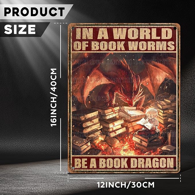 Dragon Vintage Art Wall Decor Sign In A World of Bookworms Be A Book Dragon for Garage Home Bedroom Bar Wall Decor 12 * 16inch - Image 4