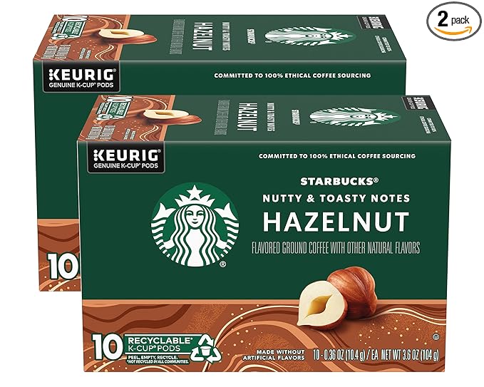 Starbucks Flavored Coffee K-Cup Pods, Hazelnut Flavored Coffee, Made without Artificial Flavors, Keurig Genuine K-Cup Pods, 10 CT K-Cups/Box (Pack of 2 Boxes)