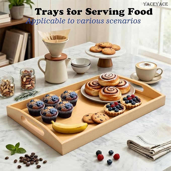 Serving Tray for Ottoman, 13.7"x8.6"x2" Small Bamboo Serving Tray with Handles, Trays for Ottoman, Coffe Table, Dining, Drink, Home Decor