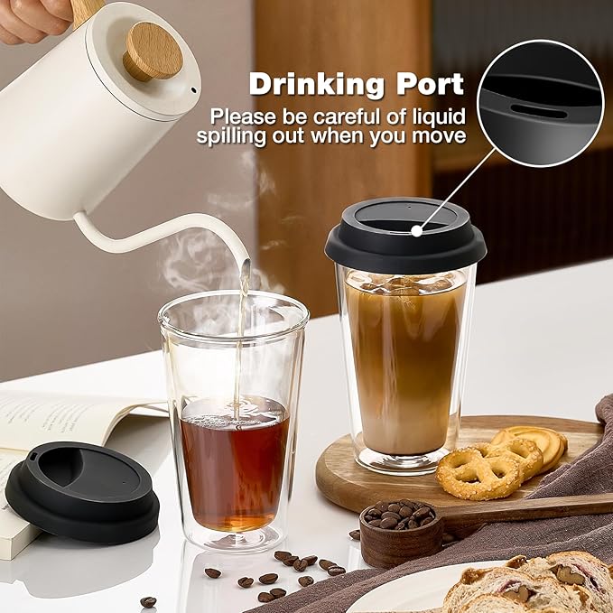 2 Pack Double Walled Insulated Coffee Mugs with Silicone Lids, 12 OZ Reusable Coffee Cups, Cappuccino, Tea, Latte, Iced Coffee Cups, Travel Mugs, Heat Resistant