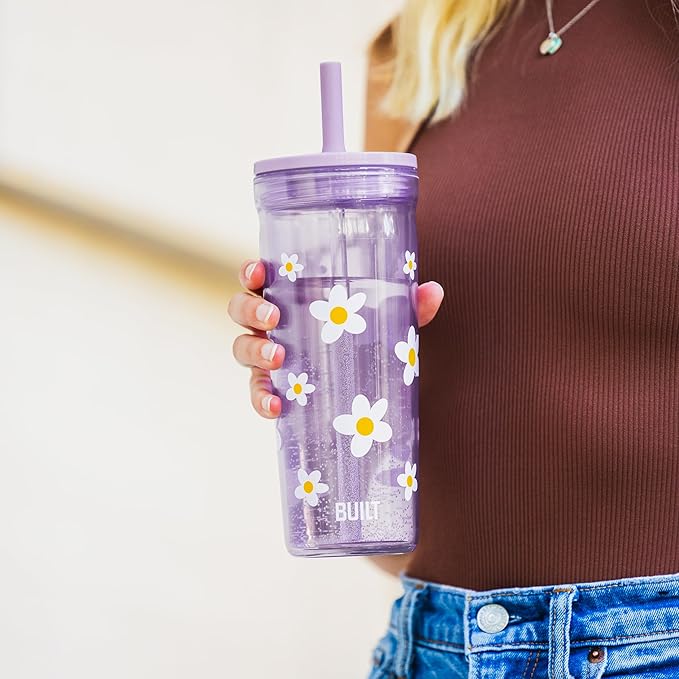 Built 20 Fluid Ounce Acrylic Straw Seal Bedford Tumbler, Leakproof, Wild Lavender Daisy (Pack of 2)