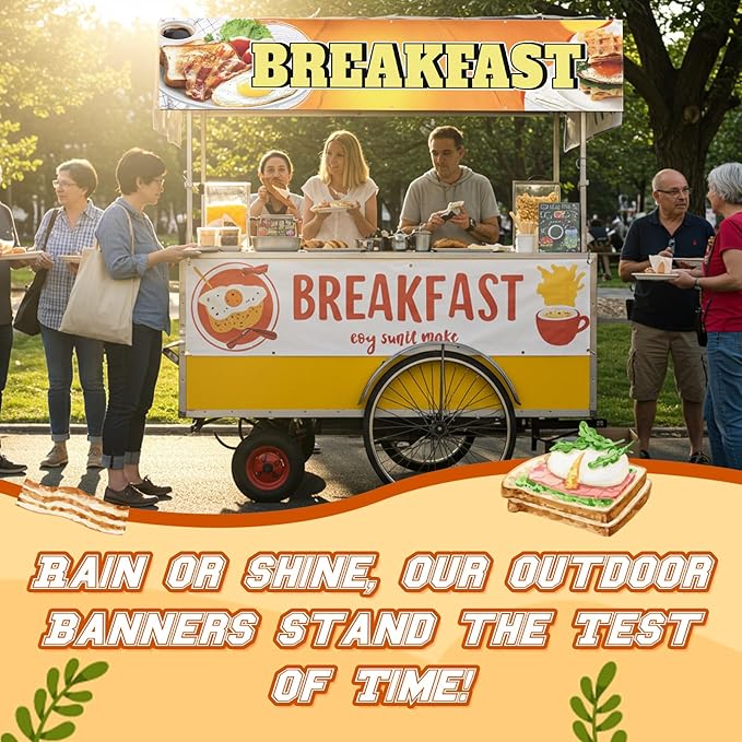 Tegeme Breakfast Banners Sign 2 x 10 Feet Breakfast Flag Decoration Oxford Fabric Banners with 10 Holes for Business Store Outside