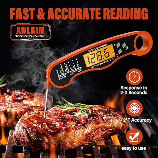Fast Instant Read Meat Thermometer with Backlight - Waterproof Digital Food Probe for Grilling, Cooking, Baking & Candy Making - Kitchen & BBQ Essential(Orange)