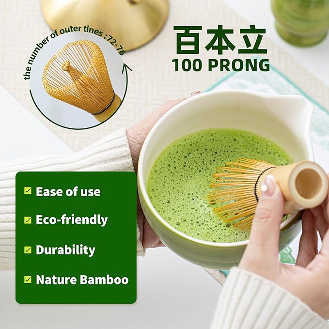 Matcha Whisk Set, 7 Pcs Green Ceramic and Bamboo Tea Ceremony Kit with 480 ML Bowl, Whisk Holder, Scoop, Sifter, Unique Gift Set,Tradition Matcha Tea Set