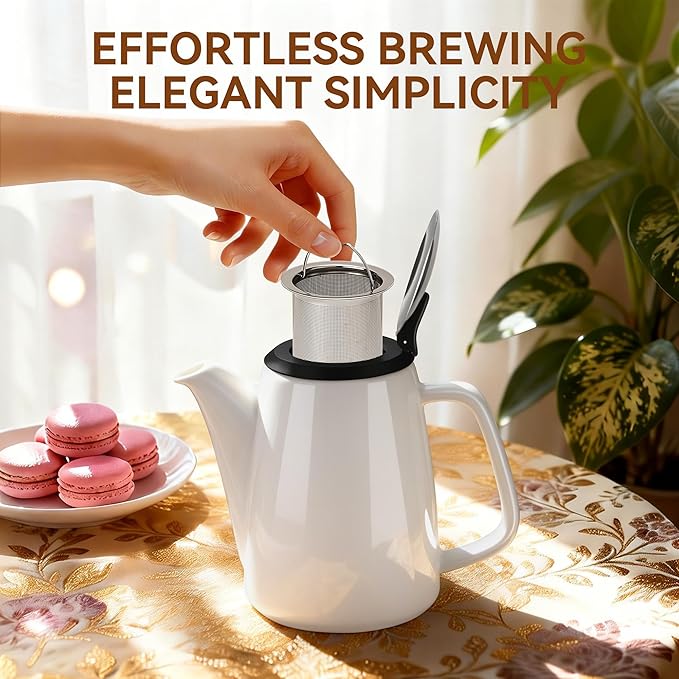 Ceramic Teapot with Infuser, 32 oz Loose Leaf Tea Pot Ceramic with Removable Stainless Steel Infuser, Mess-Free Loose Tea Diffusers, Ideal for Tea Steeper (White)