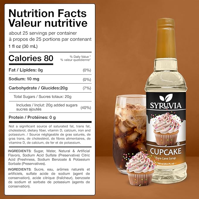 Syruvia Cupcake Coffee Syrup - 25.4 fl oz - Kosher Syrups, Gluten Free, No Coloring, Perfect for Drinks, Soda, Shakes, Desserts, and More With Pump