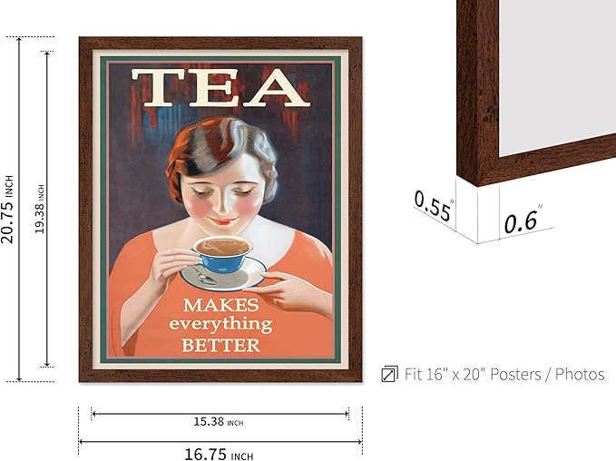 Poster Master Vintage Tea Makes Everything Better Print - Retro Food & Drink Poster - Positive Quotes Art - Gift for Women, Tea Lover - Decor for Kitchen, Teahouse - 16x20 Brown Framed