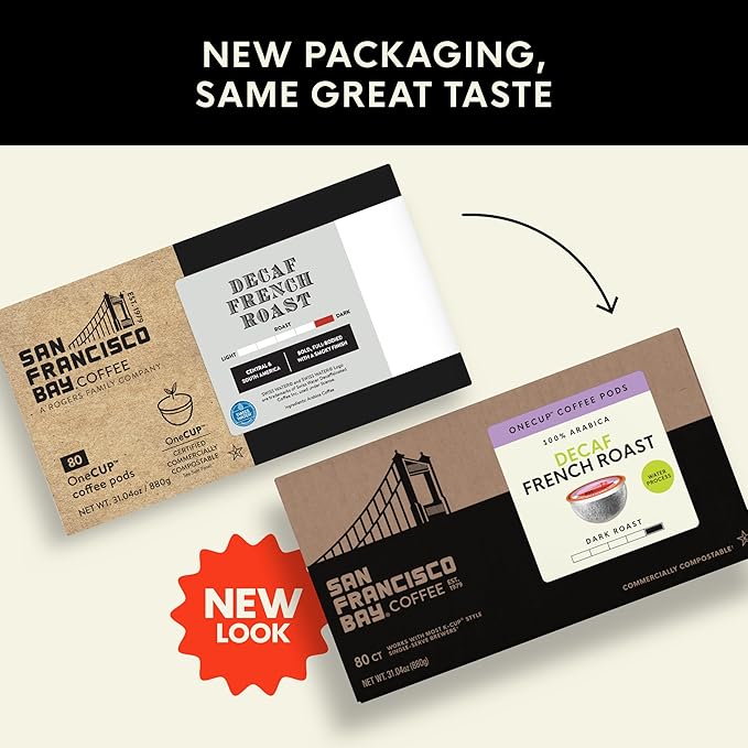 San Francisco Bay Compostable Coffee Pods - DECAF French Roast (80 Ct) K Cup Compatible including Keurig 2.0, Dark Roast, Swiss Water Processed