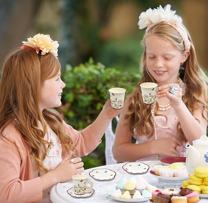 Gift Boutique 24 Tea Party Cups Disposable 5 Oz 24 Saucers Paper Plate Floral Wildflower Butterfly Teacup Set with Handles for Kids Girls Birthday