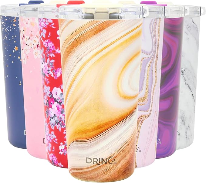Drinco - 20 oz Stainless Steel Tumbler | Double Walled Vacuum Insulated Mug With Lid, 2 Straws, For Hot & Cold Drinks (20oz Wood Swirl)