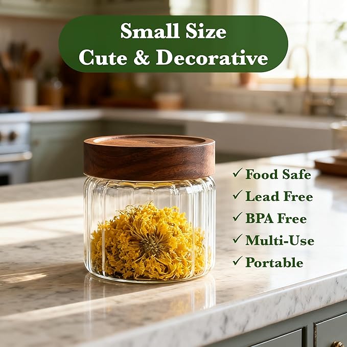 Decorative Borosilicate Glass Jar with Screw Top Airtight Wooden Lid, 17 oz/500ml Leak Resistant Food Storage Canister, Wide Mouth Container for Coffee Sugar Tea Cookie Candy Overnight Oatmeal Salad