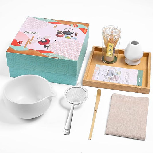 Ceremony Matcha Kit - Bamboo Matcha Whisk (Chasen) Scoop (Chashaku) Bowl with Pouring Spout Whisk Holder Sifter Tea Tray- Perfect Matcha Set (Ivory White, Set of 7)