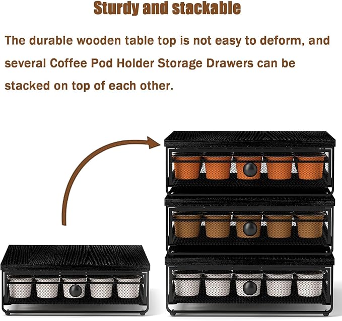 Coffee Pod Holder Counter Coffee Vertuo Capsules Storage Organizer with Sliding Drawer Compatible For 35 K-Cup Pods No Assembly Needed Black