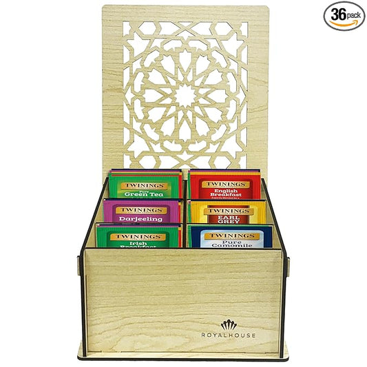 Twinings Tea Bag Sampler Variety with White Wooden Organizer Tea Chest (36 Tea Bags) 6 Different Popular Flavors, Gift for Tea Lovers: Women, Men, Mom, Dad, Family, Friends, Couples