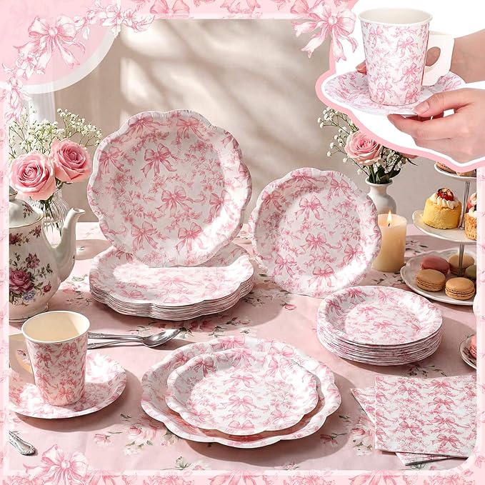 Pickmesh 252 Pcs Pink Bow Floral Tea Party Supplies for 36 Guests Flower Paper Disposable Dinnerware Flower Teacup with Handle and Saucers Set for Tea Party Decorations Birthday Baby Shower Wedding