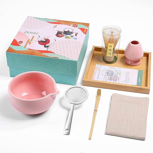 Ceremony Matcha Kit - Traditional Bamboo Matcha Whisk (Chasen) Scoop (Chashaku) Chawan Bowl with Pouring Spout Whisk Holder Sifter Tea Tray - The Perfect Matcha Set (Baby Pink, Set of 7)