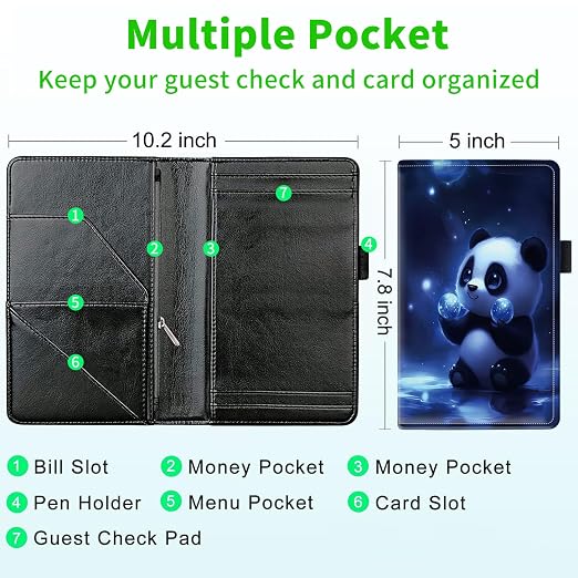 Server Books for Waitress, with 7 Large Pockets, Waiter Serving Book, Waitstaff Server Order Pads, Cute PU Leather Server Book with Pen Holder Fit Server Apron,Panda with Orbs - Image 3