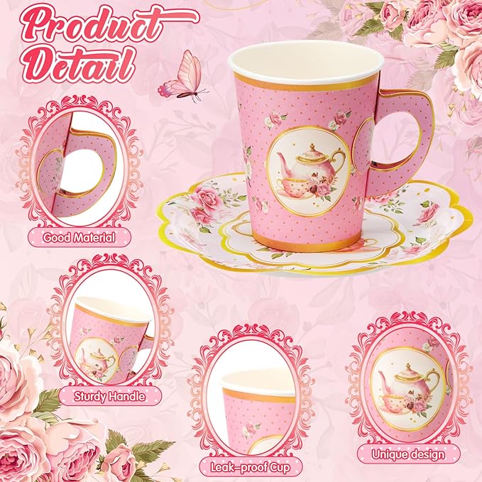 Tioncy 100 Pcs Tea Party Decorations Include 50 Pieces 9 oz Paper Tea Cups with Handle and 50 Plates Disposable Teacups and Saucers Sets for Birthday(Teapot)