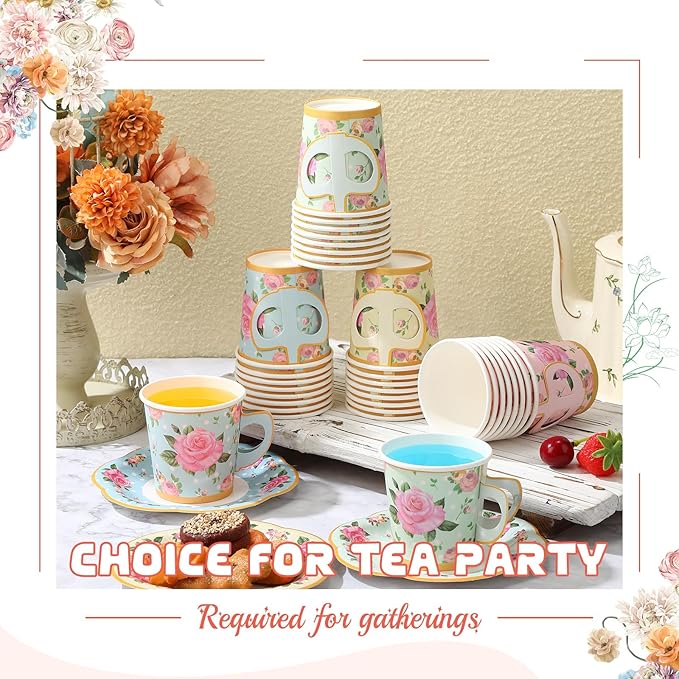 Umigy 36 Sets Tea Party Decorations 6.5 oz Floral Paper Tea Cups with Handle and Plates Disposable Blossom Teacups and Saucers Sets for Girls Kids Birthday Garden Wedding Party Supplies(Multicolored)