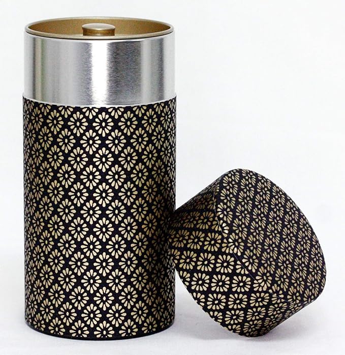 Washi Paper Tea Tin Canister: Long 7oz (200g) Black and Gold Chrysanthemum Indicum (#74), Japan