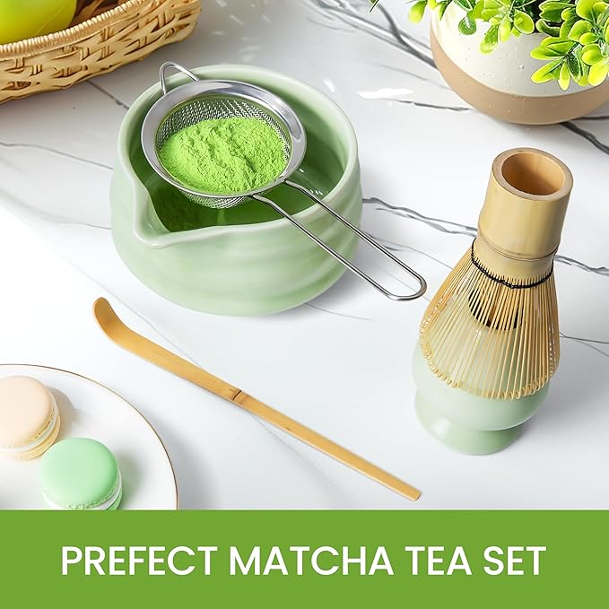 Matcha Whisk Set and Bowl, Matcha Making Kit Whisk, Bowl With Spout, Sifter, Ceramic Whisk Holder, Spoon Japanese Tea Powder Starter Tools For Ceremony Gift (Green, 9 Pack)