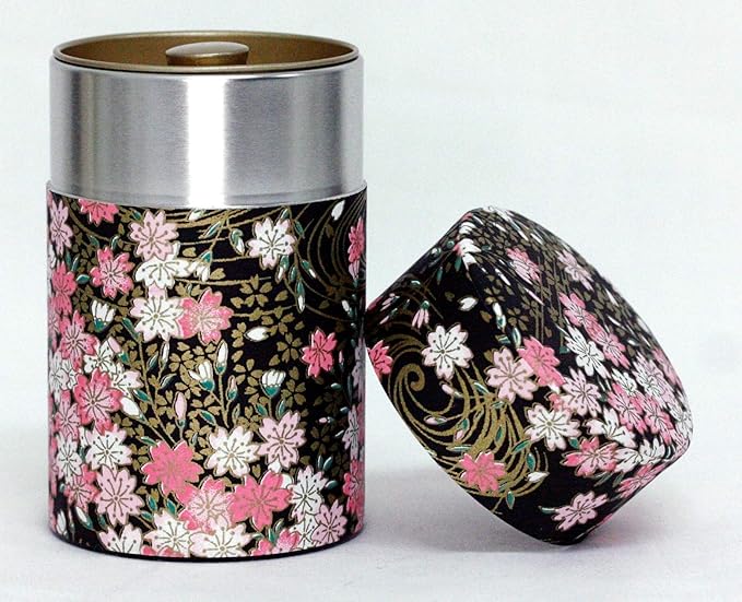 Washi Paper Tea Tin Canister: Long 3.5oz (100g) Cherry Blossoms - Ripple Confetti (#61), Japan