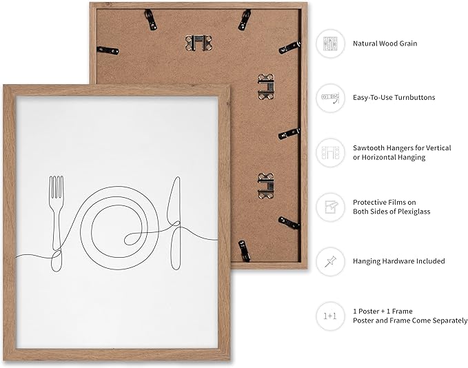 Poster Master Vintage Minimalist Poster - Retro Illustration Print - Fork, Plate, Knife, Line Drawing, Simple - Gift for Artist, Friend - Wall Decor for Kitchen, Restaurant, 8x10 Beige Framed
