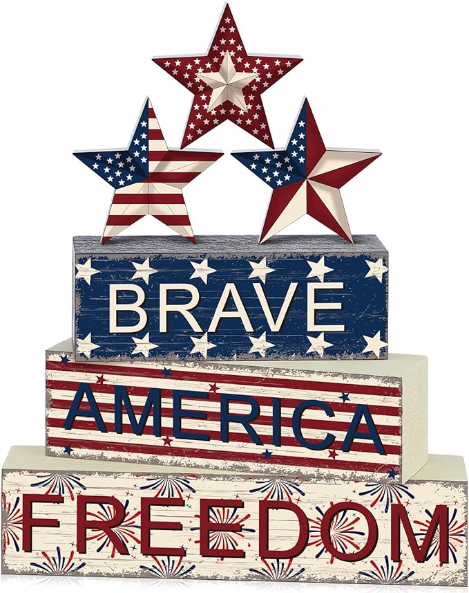 Geelin 6 Pieces 4 of July Table Decorations Patriotic Memorial Day Wooden Block Signs Red White Blue Tabletop Centerpieces Farmhouse Independence Day Tiered Tray Decor for Home 250th Anniversary