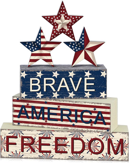 Geelin 6 Pieces 4 of July Table Decorations Patriotic Memorial Day Wooden Block Signs Red White Blue Tabletop Centerpieces Farmhouse Independence Day Tiered Tray Decor for Home 250th Anniversary