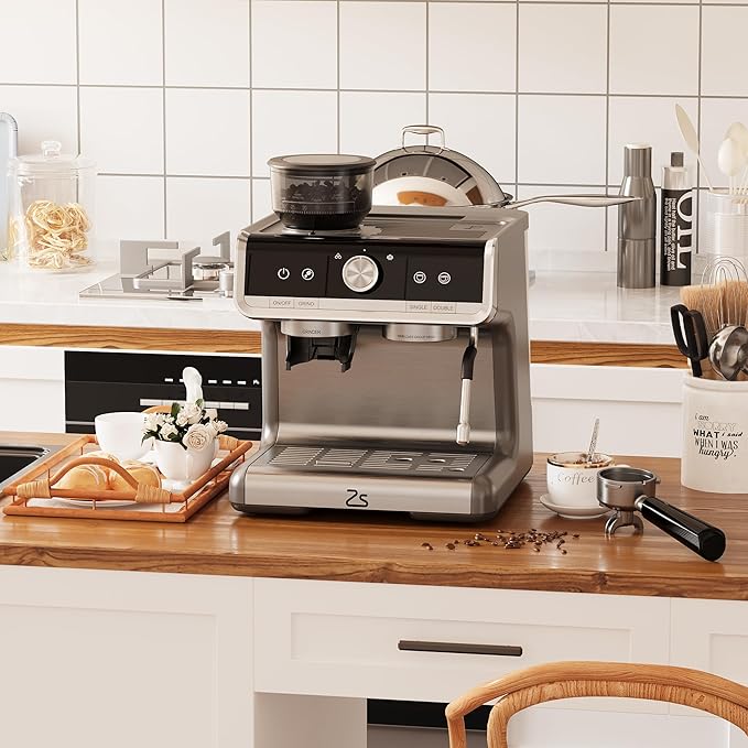 20 Bar Semi-Automatic Espresso Machine with Built-In Coffee Grinder and Milk Frother, Home Barista Coffee Maker for Cappuccino Latte Macchiato, Ideal Gift for Mom and Dad