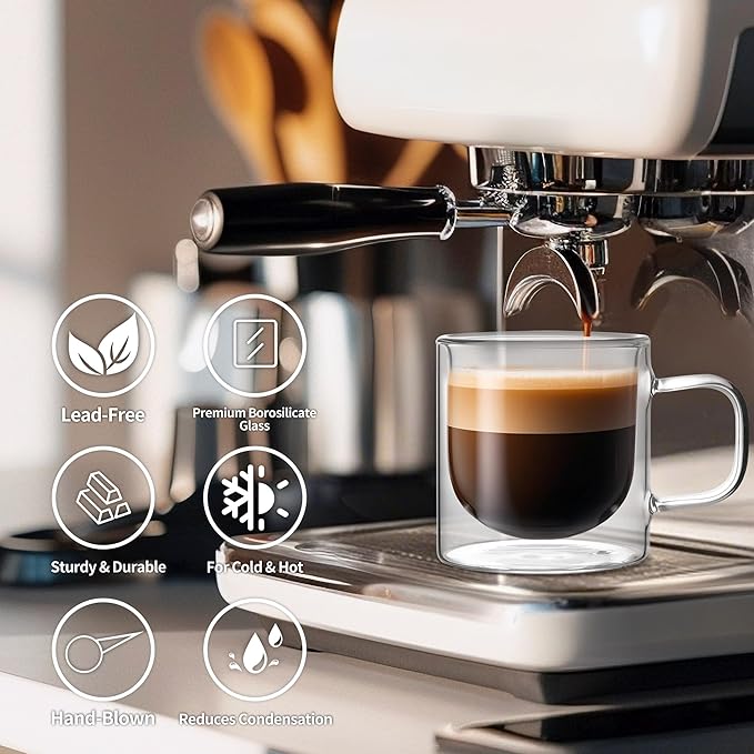 NIRA.Z Double Wall Glass Coffee Mugs Set of 4, 12 oz Insulated Borosilicate Glass Cups with Handle, Clear Thermal Espresso Latte Cappuccino Tea Cups for Hot & Cold Drinks