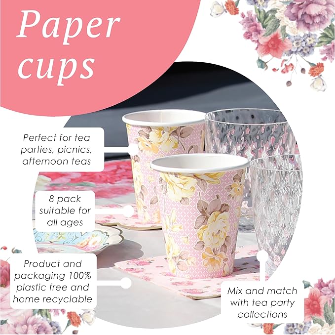 Talking Tables Tea Party Vintage Floral Paper Cups | Truly Scrumptious | Also Great For Birthday Party, Baby Shower, Wedding And Anniversary | Paper, 12 Pack