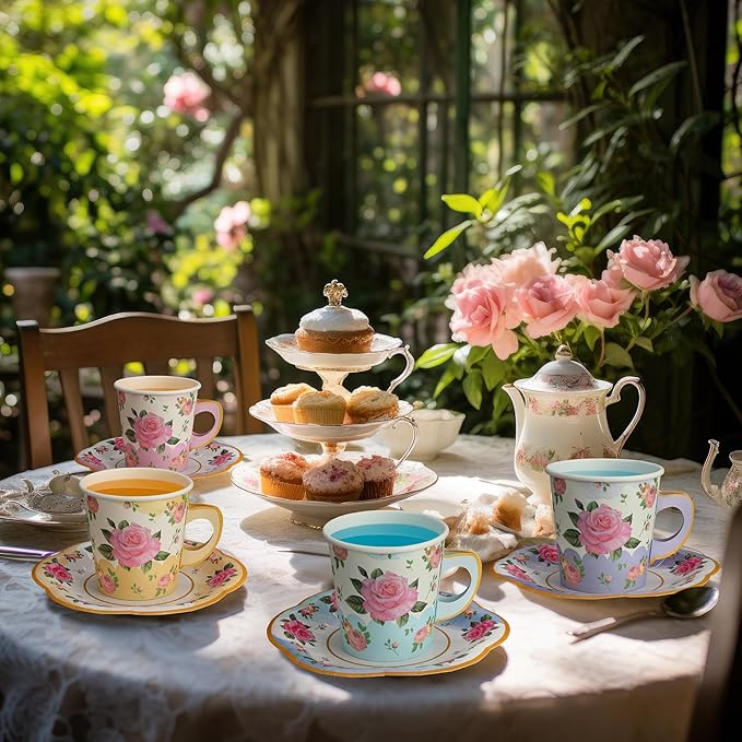 36 Sets Tea Party Decorations 9 oz Floral Paper Tea Cups with Handle and Plates Disposable Blossom Teacups and Saucers Sets for Girls Kids Birthday Garden Wedding Party Supplies(Gradient Mixed Color)