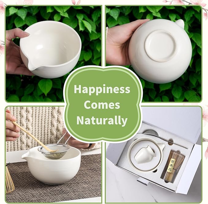 Matcha Whisk Set 5 Pcs, Matcha Kit Set Includes Matcha Bowl, Matcha Whisk and Holder, Bamboo Scoop and Sifter, Ceramic Matcha Set, Matcha Tea Set, Ideal Gift for Family/Friend (White)