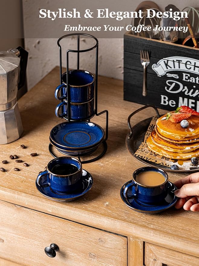 Gomakren 2.5 Ounce Espresso Cups Set of 4, Small Stackable Coffee Cups with Saucers and Metal Stand, Valentine Porcelain Demitasse Cups for Specialty Coffee Drinks, Espresso, Cappuccino, Cobalt Blue