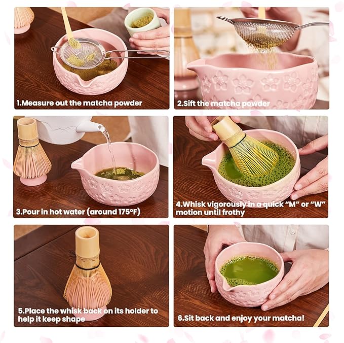 Matcha Whisk Set, Sakura Cyan Ceramic Matcha Set Includes Matcha Bowl, Matcha Whisk (Chasen) and Holder, Sifter, Bamboo Scoop & Spoon - 6 Pcs Matcha Kit for Matcha Lovers