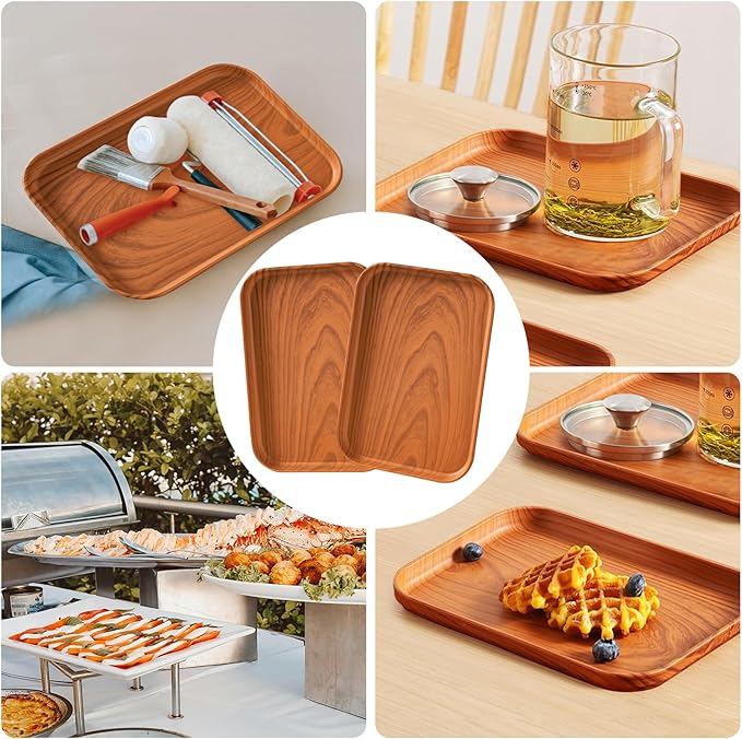 Wood Grain Plastic Serving Platters and Trays,Serving Dishes for Entertaining,Platters Serving Food,Appetizer Serving Trays for Snacks,Charcuterie,Chips,Candy,Fruit,Sushi Coffee Cosmetics Accessories