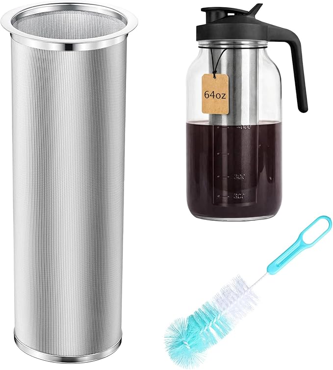 Cold Brew Coffee Filter with Brush Tea Infuser Strainer for 64 Oz/2 Quart Wide Mouth Mason Jar 304 Stainless Steel Food Grade Filter with Sealing Ring for Iced Drink Fruit Tea Coffee Maker