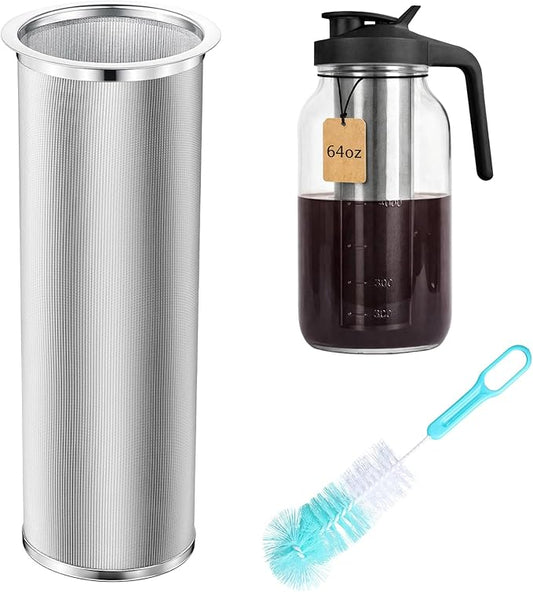 Cold Brew Coffee Filter with Brush Tea Infuser Strainer for 64 Oz/2 Quart Wide Mouth Mason Jar 304 Stainless Steel Food Grade Filter with Sealing Ring for Iced Drink Fruit Tea Coffee Maker