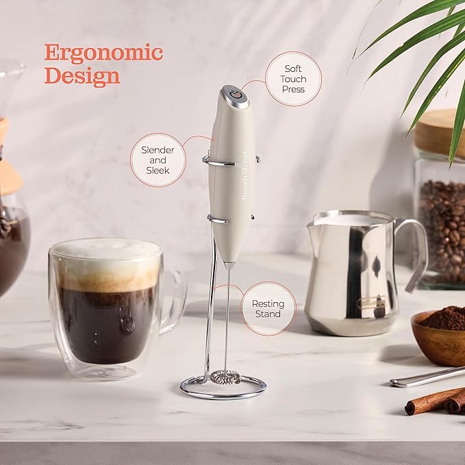 Powerful Handheld Milk Frother, Mini Milk Foamer, Battery Operated Stainless Steel Drink Mixer with Frother Stand